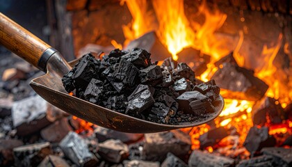 Shovel filled with black coal lumps in front of a blazing hot furnace fire. Concept for energy resources, industrial heating and fossil fuel combustion
