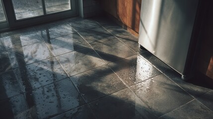 Waterproof vinyl planks flooring concept. Wet floor reflecting light from a nearby window, showcasing tile patterns and shadows.