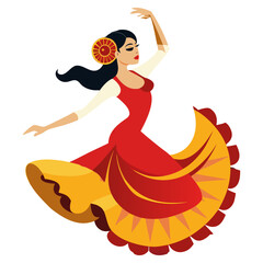Fototapeta premium Stylized Flamenco Dancer in Vibrant Red and Yellow Dress Performing Traditional Spanish Dance.