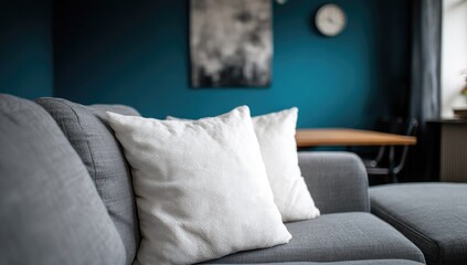 Two white pillows on a gray sofa in a teal room