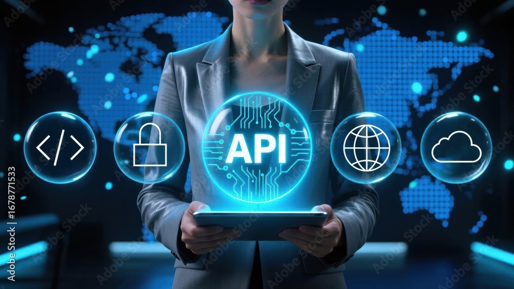 Wall mural a businesswoman holding a tablet with glowing api circle and icons for ai, automation, robotics and 