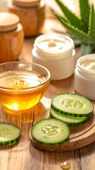 Glass Bowl of Honey with Cucumber Slices and Aloe Vera for Spa Skincare