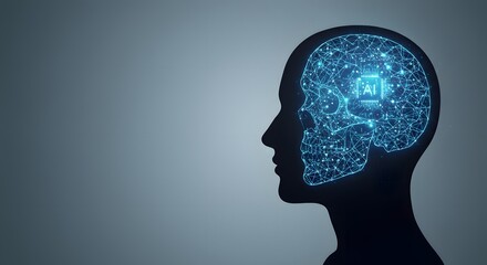 Obraz premium Digital human head silhouette with illuminated artificial intelligence circuit representing advanced thinking and technological innovation.
