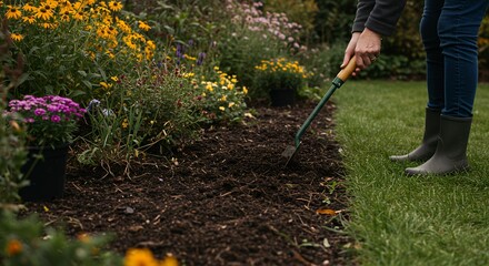 Person gardening, using a trowel to cultivate soil near colorful flowers.
