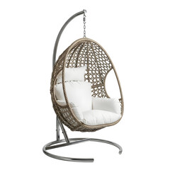 Modern rattan egg chair with white cushions suspended from a metal frame isolated on transparent background