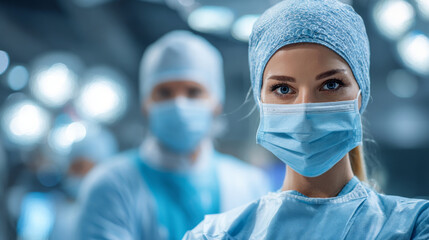 surgeon and professional medical doctor team in hospital operating room before surgery. Portrait of focused female physician looking at camera