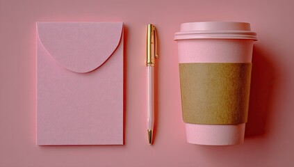 Flat lay of pink stationery and coffee