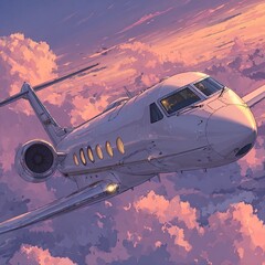Fototapeta premium Private jet soaring through pastel clouds at sunset