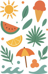 Vibrant summer vacation vibes with sun, fruit, ice cream, palm leaves, and beach umbrella