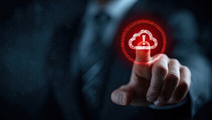 A businessman's finger presses a glowing red cloud icon