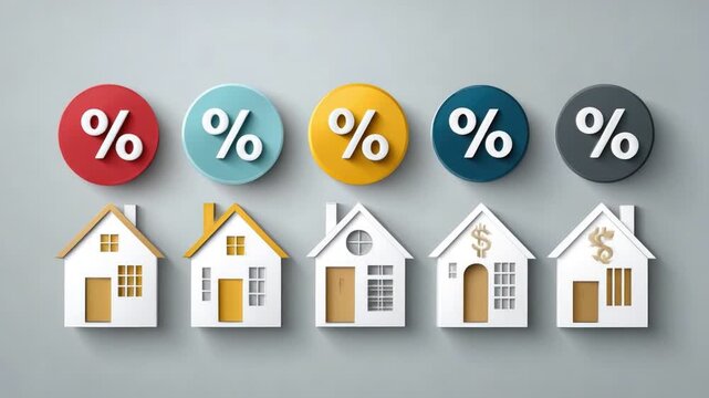 A creative visual representation of different houses with percentage signs, symbolizing real estate investment, market trends, and property valuation in modern finance.