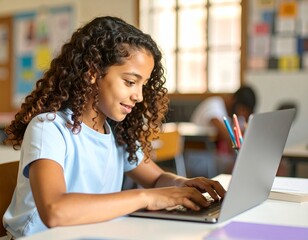 American Girl learning on a school with a laptop in a modest classroom