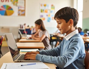 Asian boy typing on a laptop in a modest classroom
