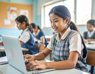 Asian Girl typing on a laptop in a modest classroom