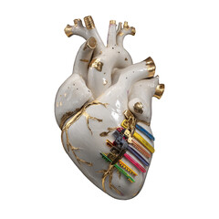 Sculpted white heart with gold veins and colorful piano keys embedded on one side against a dark background