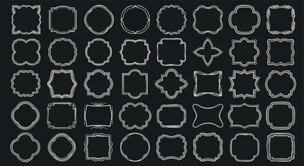 A collection of forty different decorative frame designs, each with unique shapes and ornate borders, arranged in rows on a dark background.