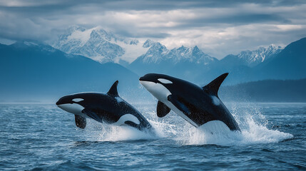 Fototapeta premium Two orcas leaping playfully in the ocean, majestic mountains in the background, cloudy sky above, natural wildlife scene, high-resolution