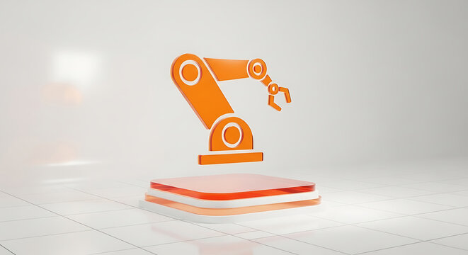 3D render of a flat translucent orange robotic arm icon