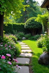 Obraz premium Serene backyard oasis featuring lush greenery, a stone pathway, and meticulously manicured flowerbeds Perfect for relaxation and outdoor living , garden, autumn, grass