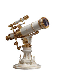 Vintage telescope with intricate white and gold details projecting a luminous spiral galaxy against a dark background