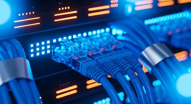 Secure data center with glowing blue ethernet cables plugged into network switches representing high-speed data transfer