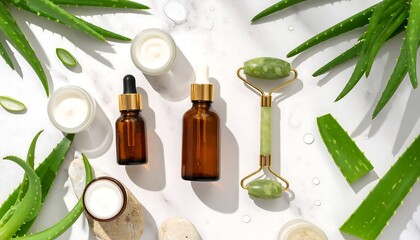 Natural Skincare Products with Aloe Vera, Essential Oils, and Jade Roller
