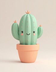 Cute 3D icon of a pastel mint orange cactus with subtle smiling face.