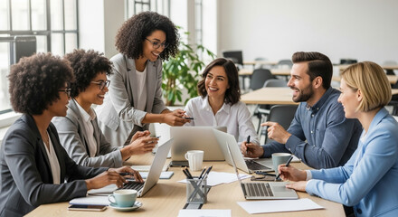 Diverse business team collaborating in a modern office meeting, discussing ideas with laptops, showing teamwork and success.