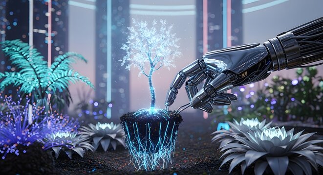 A robotic hand tending to a glowing tree in a futuristic garden with city buildings in the background