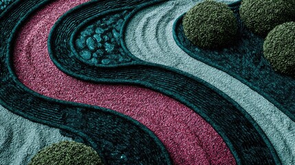 a serene zen garden, with a winding path made of colorful sand and meticulously raked patterns, creating a sense of tranquility and harmony