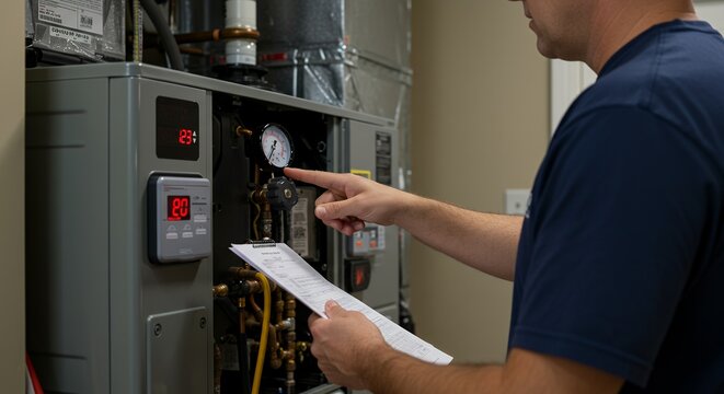 A technician inspects a boiler system, checking a pressure gauge while holding a document. - Powered by Adobe