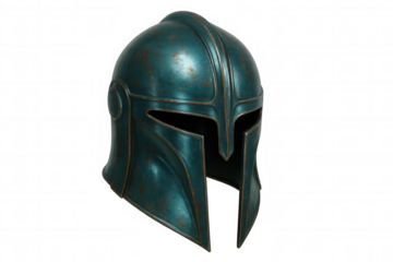 Close-up of a weathered teal helmet, showing signs of wear and tear, isolated on a transparent background