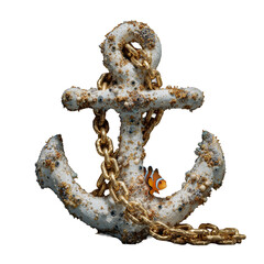 Rusty Barnacle-Encrusted Anchor Bound with Thick Golden Chain and Small Clownfish Nestled Nearby