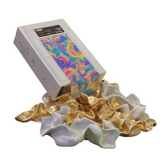 Retro cassette tape melting into flowing gold and pearlescent waves with vibrant abstract label design