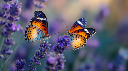 Obraz premium Two vibrant butterflies perched on blooming lavender flowers in a sunlit garden, soft natural lighting