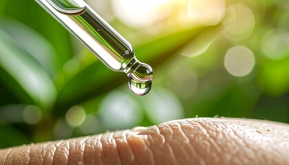Serum Dropper with Clear Liquid Dripping on Skin in Natural Light