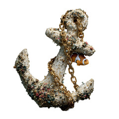 Weathered underwater anchor adorned with coral, shells, gold chain, and vibrant clownfish nestled in crevice