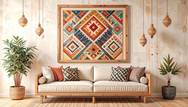 Scandi Heritage Living Room with Geometric Folk Wall Art in Bold Colors &ndash; Cozy Maximalist Interior Design