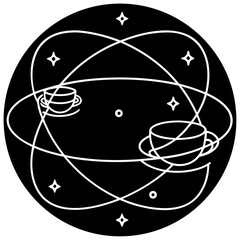 Minimilist celestial coffee cups orbiting in a cosmic dance among stars within a dark circular universe design vector