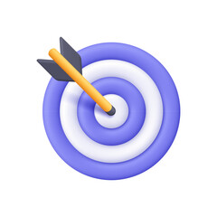 Purple and white target with arrow hitting the bullseye. Business finance target, goal of success, target achievement, precision and successful strategy. 3d vector icon. Cartoon minimal style.