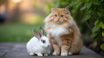 Adorable companionship featuring a fluffy ginger cat with a cute white bunny outdoors in a garden setting