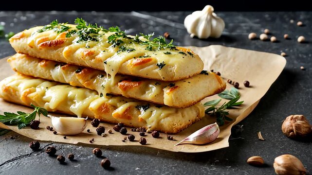 Fresh garlic bread with melted cheese served on rustic paper sprinkled with herbs and pepper for tasty snack