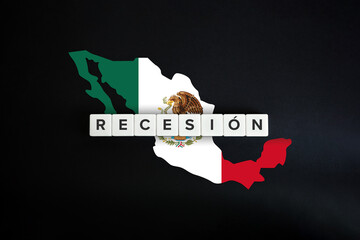 Recesión Word on White Tiles with Mexico Map and Flag