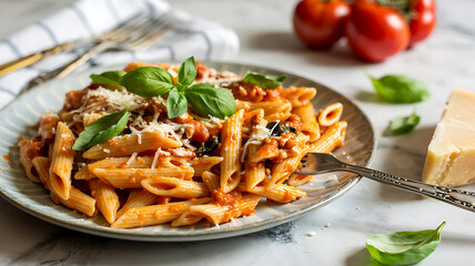 Delicious pasta served with shrimp chicken vegetables and tomato sauce on a plate