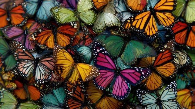 a vibrant collection of butterflies in various colors and patterns. The close-up shot showcases the intricate details of their wings