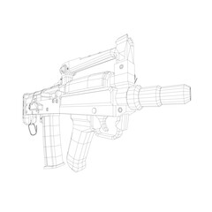 Assault rifle 3D model blueprint on white background, featuring detailed wireframe with intricate lines and realistic curves.
