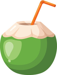 Refreshing green coconut drink tropical beverage with orange straw summer refreshment vector
