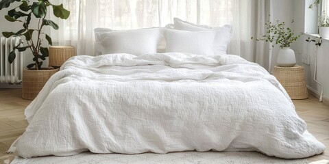 A serene bedroom scene features a white linen duvet cover layered over a bed with fluffy white pillows. A large potted plant sits on a wicker basket beside the bed