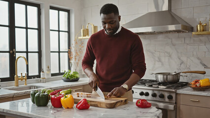 Smiling African American man chopping fresh vegetables in a bright, modern kitchen, preparing a healthy home-cooked meal.