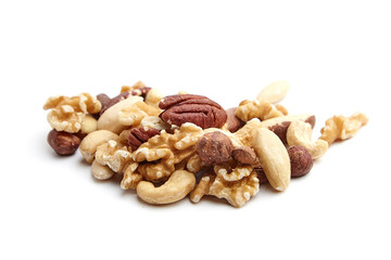 A selection of mixed nuts, including walnuts, pecans, almonds, hazelnuts, and cashews, arranged on a white background, emphasizing their natural texture
